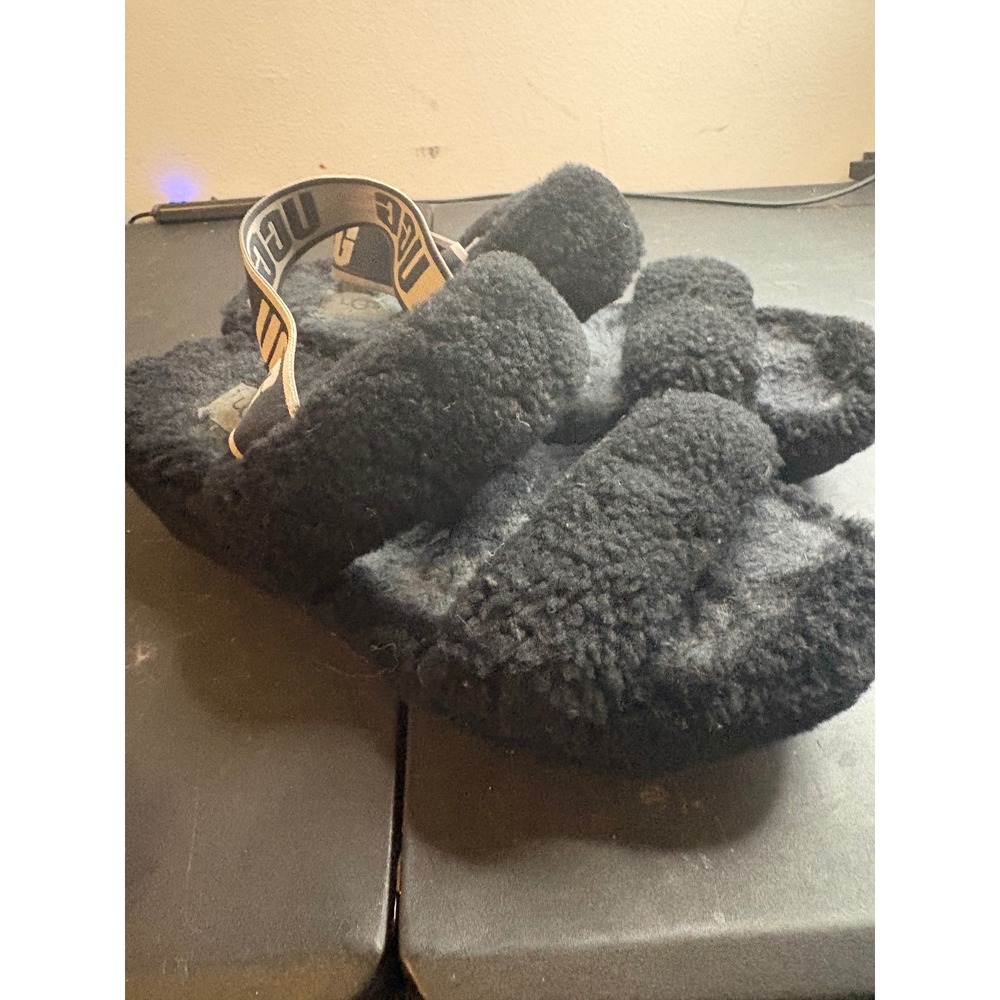 UGG Fluffita Black Curly Sheepskin Platform Slingback Slides Sandals
